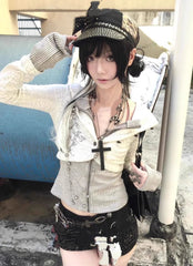 Y2k Subculture Striped Patchwork Long Sleeve Slim Hooded Sweatshirt 2000s Gothic Vintage Casual Korean Fashion Autumn Cardigan