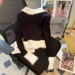 Y2K Zipper Front Rib Knit Top for Women Contrast Fuzzy Collared Zip-Up Sweater Crop Cardigan Autumn Winter Teen-girl 90s Outfit