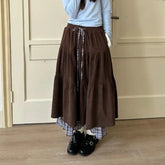 Vintage Brown Corduroy Skirt Women Preppy Style Elegant Ruffle Long Skirt Sweet Autumn Winter Patchwork Midi Skirts