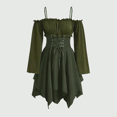 Women's Dresses Autumn Halloween Contrast Color Asymmetrical Hem Flounce Trim Lace Up Long Sleeve Off Shoulder Mini Dre