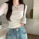 Y2K Long Sleeve Mesh Women T Shirt Spring Fashion Sexy O Neck Slim Female Tops Korean Chic Folds Cropped Bottoming Tees New
