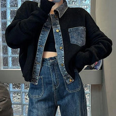 Korean style design, niche, loose sweater, women's autumn new denim patchwork knitted top jacket