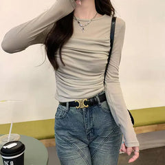 Y2K Long Sleeve Mesh Women T Shirt Spring Fashion Sexy O Neck Slim Female Tops Korean Chic Folds Cropped Bottoming Tees New
