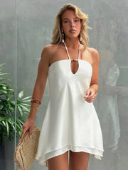 Halter Off-shoulder Backless Sexy Mini Dress Women White Hollow Out Strapless Lace-up A-line Club Dress Summer