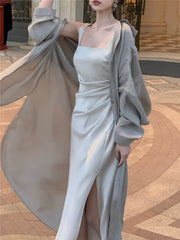 Midi Dress Women Elegant Summer Folds Fashion Evening Party Lady Vestido Vintage Spring Female Clothing Solid Satin Dresses