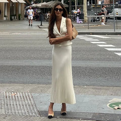 Summer New Pleated Skirt Suit For Women Slim Sleeveless Short Vest Top Solid Long Skirt High Waist Fashion Two Pieces Set