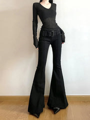 Women's Black Jeans Flare Pants Y2k Retro Emo 2000s Streetwear Fashion Trousers Harajuku Wide Yoga Pants 90s Aesthetic Clothes