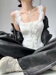 Women's Sweet Girl White Lace Knitted Crop Top Korea U-Neck Spaghetti Straps Tank Top 2025 Summer Female White Lace Stretch Cami