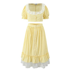 French Lace Patchwork Square Collar Top And Long Skirt Women Set Yellow Plaid Puff Sleeve T-shirt + Skirts Sweet Summer Outfits