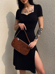Square Neck Elegant Ruched Black Dress Side Split Short Sleeve Casual Dress Female Gothic Summer Dresses Sundress New
