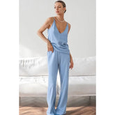 V-neck Camisole Top And Long Trouser Homewear Pajamas Two Piece Set Cotton Blend Blue Loose Vest + Wide Leg Pant Sets 2025 New