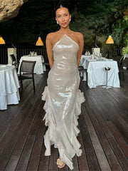 Elegant Sequin Ruffle Evening Dresses Women Retro Glitter Sleeveless Slim Halter Long Dress Lady Chic Street Party Holiday