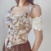 Sexy Designer Vintage Print Halter Tops Women Chic Bandage Floral Corset Shirts Female High Street Party Club Ladies Top