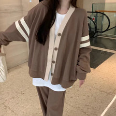 Varsity Cardigan Sweater for Women Long Sleeve V-Neck Button-up Knit Slouchy Cardi Korean School-girl Preppy Fall Winter Outfit