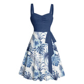 Women's Summer Dresses 2025 Vacation Tropical Flower Leaf Print Belted Mini Dress Sleeveless Beach Dress