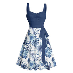 Women's Summer Dresses 2025 Vacation Tropical Flower Leaf Print Belted Mini Dress Sleeveless Beach Dress