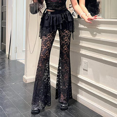 Hot Selling High Waist Lace See-through Pants Sexy Versatile Irregular Fake Two-piece Skirt Pants for Women