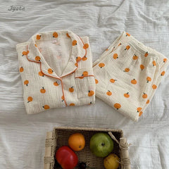 Cotton Comfort Sleepwear Casual Women Pajamas Spring Summer Cherry Print Cute Lapel Button Shirts And Pant Two Piece Sets 2024