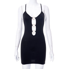 Hollow Out Black Bodycon Woman Dress Camisole Heart Ring Decor Club Sexy Party Dress For Women Short Mini Dress Vestido De Mujer