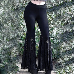 Goth Mall Flare Pants Sexy Black Lace Patchwork High Waist Vintage Harajuku Hippie Punk Grunge Streetwear Y2k Pants