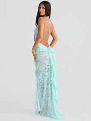 Lace Backless Sexy Maxi Dress Women Gown Halter Lace-up Sleeveless Bodycon Elegant Ruffle Beach Club Long Dress