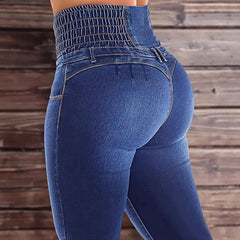 Pbong High Waist Elastic Denim Jeans Blue Transformable Jeans Women's Fashion High Waist Button Decorated Elasticated Denim Trousers