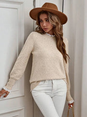 Autumn and winter women's lace decoration round neck long sleeved knitted sweater