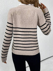 Autumn and winter women's fashionable lace round neck striped long sleeved knitted sweater