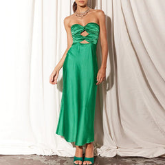 Elegant Strapless Slim Satin Party Dress Summer Off Shoulder Hollow Long Dress Fashion Solid Color Backless Chic Evening Dresses