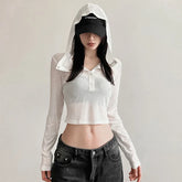 Hooded Long Sleeve Crop Tops Sheer Knit White Casual Shirts for Women Korean Fashion Clothes