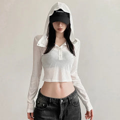 Hooded Long Sleeve Crop Tops Sheer Knit White Casual Shirts for Women Korean Fashion Clothes