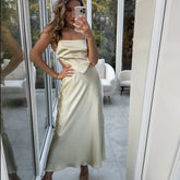 Light Yellow Party Long Dress Satin Sleeveless Slim Fashion Women Dress For Summer Sexy Backless Lace-up Woman Clothing