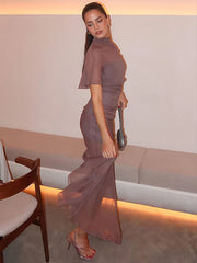 Asymmetric Sleeve Split Sexy Maxi Dress Women Gown Summer New Chiffon Ruched Evening Elegant Long Dress Clubwear