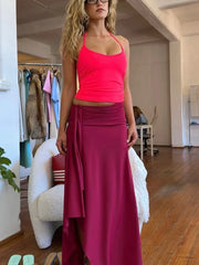 Vacation Solid Two-Piece Set Women Lace-Up Halter Backless Low-Neck Tops+Tassel Skirts Summer Simple Slim Matching Suits