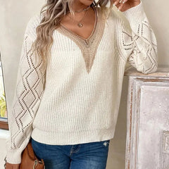 Pbong Solid V Neck Knitted Sweater, Hollow Out Long Sleeve Casual Sweater For Fall Winter Women's Clothing