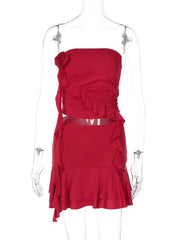 Sexy Women Dress Sets Rose Strapless Crop Tops And Mini Skirt Sets Female Elegant Ruffled Club Party Two Piece Sets