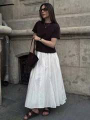 Elegant White Long Skirt Fashion Zipper A-line Pleat Skirt All-match Vacation Beach Summer Skirts Chic Female Clothing New
