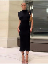 Sexy Solid Black Women's Dress With Shoulder Pad Slim Half High Collar Rear Split Dresses New Autumn Chic Lady Party Robes