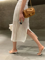 Summer Hollow Out Knit Long Skirt Casual Wrap Ladies Pencil See Through Midi Skirts Bodycon Korean Streetwear
