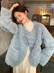 Women Sweet Cute Faux Lamb Coat Winter Warm Thick Slim Long Sleeve Vintage Jacket Korean O Neck Elegant Pearls Buttons Tops New