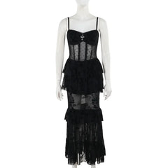 Gothic Dress Autumn New Sexy Long Dress Halloween Dark Style Elegant Mesh Strap Dress for Women