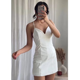 Sexy Fashion Backless Women Dress New V-neck Solid Color Summer White Short Dress Elagant Slim Party Dress Vestidos