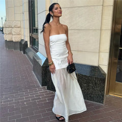 Fashion White Beige Patchwork Strapless Long Dress New Slim Pleat Women Summer Dress Vacation Beach Chic Woman Clothing