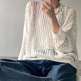 Women Mesh Top Oversized Long Sleeve T-shirts Crew Neck Loose Casual Knit Tees See-Through Openwork Knit Top Women Spring Summer