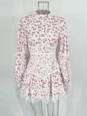V-Neck Printed Lace Mini Dress Female Ruffled Fashion High Waist Slim Bandage Summer Short Luxury Party Women's Mini Dress