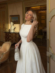 Fashion Backless O-neck A-line Dress For Women Elegant Short Sleeve High Waist Maxi Dresses New Street Vocation Robes