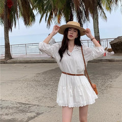 Lantern Sleeve White Vacation Short Dress A-line Loose Fashion Summer Dress Cotton Blend Hollow Out Embroidery Dresses 2025 New