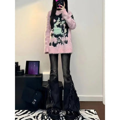 American Style Retro High Street Ruffled Denim Jeans for Women in Autumn Low Waisted High Elastic Slimming Wide Leg Mop Pants