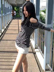 Y2k Japanese T Shirt Women Slim Striped Off Shoulder Tee Tops Streetwear Korean Style Vintage Tops Autumn 2000s Tshirts