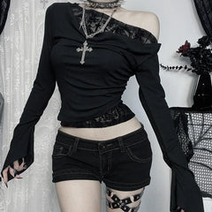 Autumn New Collection Gothic Style Sexy Slimming One-Shoulder Faux Fur Patchwork Long Sleeve Tops for Women